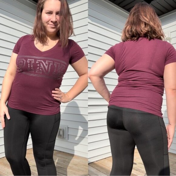 Victoria's Secret PINK | Maroon Logo Short Sleeve V-Neck Tee Shirt | Size Small - Picture 1 of 8
